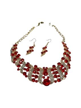 Gold-Tone Red Crystal Statement Necklace & Earrings Set FINAL PRICE DROP